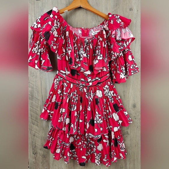 Self-Portrait Off Shoulder Pleated Floral Mini Dress Size 4 - Picture 6 of 13